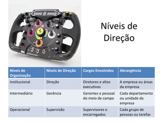 Níveis de
                                              Direção


Níveis de       Níveis de Direção   Cargos Envolvidos    Abrangência
Organização
Institucional   Direção             Diretores e altos    A empresa ou áreas
                                    executivos           da empresa
Intermediário   Gerência            Gerentes e pessoal   Cada departamento
                                    do meio de campo     ou unidade da
                                                         empresa
Operacional     Supervisão          Supervisores e       Cada grupo de
                                    encarregados         pessoas ou tarefas
 