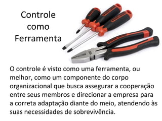 Controle
    como
 Ferramenta


O controle é visto como uma ferramenta, ou
melhor, como um componente do corpo
organizacional que busca assegurar a cooperação
entre seus membros e direcionar a empresa para
a correta adaptação diante do meio, atendendo às
suas necessidades de sobrevivência.
 