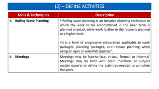 (2) – DEFINE ACTIVITIES
Tools & Techniques Description
3. Rolling Wave Planning  Rolling wave planning is an iterative planning technique in
which the work to be accomplished in the near term is
planned in detail, while work further in the future is planned
at a higher level.
It is a form of progressive elaboration applicable to work
packages, planning packages, and release planning when
using an agile or waterfall approach.
4. Meetings Meetings may be face-to-face, virtual, formal, or informal.
Meetings may be held with team members or subject
matter experts to define the activities needed to complete
the work.
 