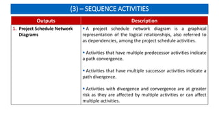 (3) – SEQUENCE ACTIVITIES
Outputs Description
1. Project Schedule Network
Diagrams
 A project schedule network diagram is a graphical
representation of the logical relationships, also referred to
as dependencies, among the project schedule activities.
 Activities that have multiple predecessor activities indicate
a path convergence.
 Activities that have multiple successor activities indicate a
path divergence.
 Activities with divergence and convergence are at greater
risk as they are affected by multiple activities or can affect
multiple activities.
 