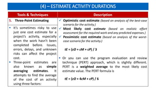 (4) – ESTIMATE ACTIVITY DURATIONS
Tools & Techniques Description
5. Three-Point Estimating  Optimistic cost estimate (based on analysis of the best-case
scenario for the activity.)
 Most likely cost estimate (based on realistic effort
assessment for the required work and any predicted expenses.)
 Pessimistic cost estimate (based on analysis of the worst-
case scenario for the activity.)
tE = (cO + cM + cP) / 3
 Or you can use the program evaluation and review
technique (PERT) approach, which is slightly different.
PERT is a weighted average to the most likely cost
estimate value. The PERT formula is
tE = (cO + 4cM + cP) / 6
 It’s sometimes risky to use
just one cost estimate for a
project’s activity, especially
when the work hasn’t been
completed before. Issues,
errors, delays, and unknown
risks can affect the project
cost.
 Three-point estimates are
also known as simple
averaging estimates. It
attempts to find the average
of the cost of an activity
using three factors:
 