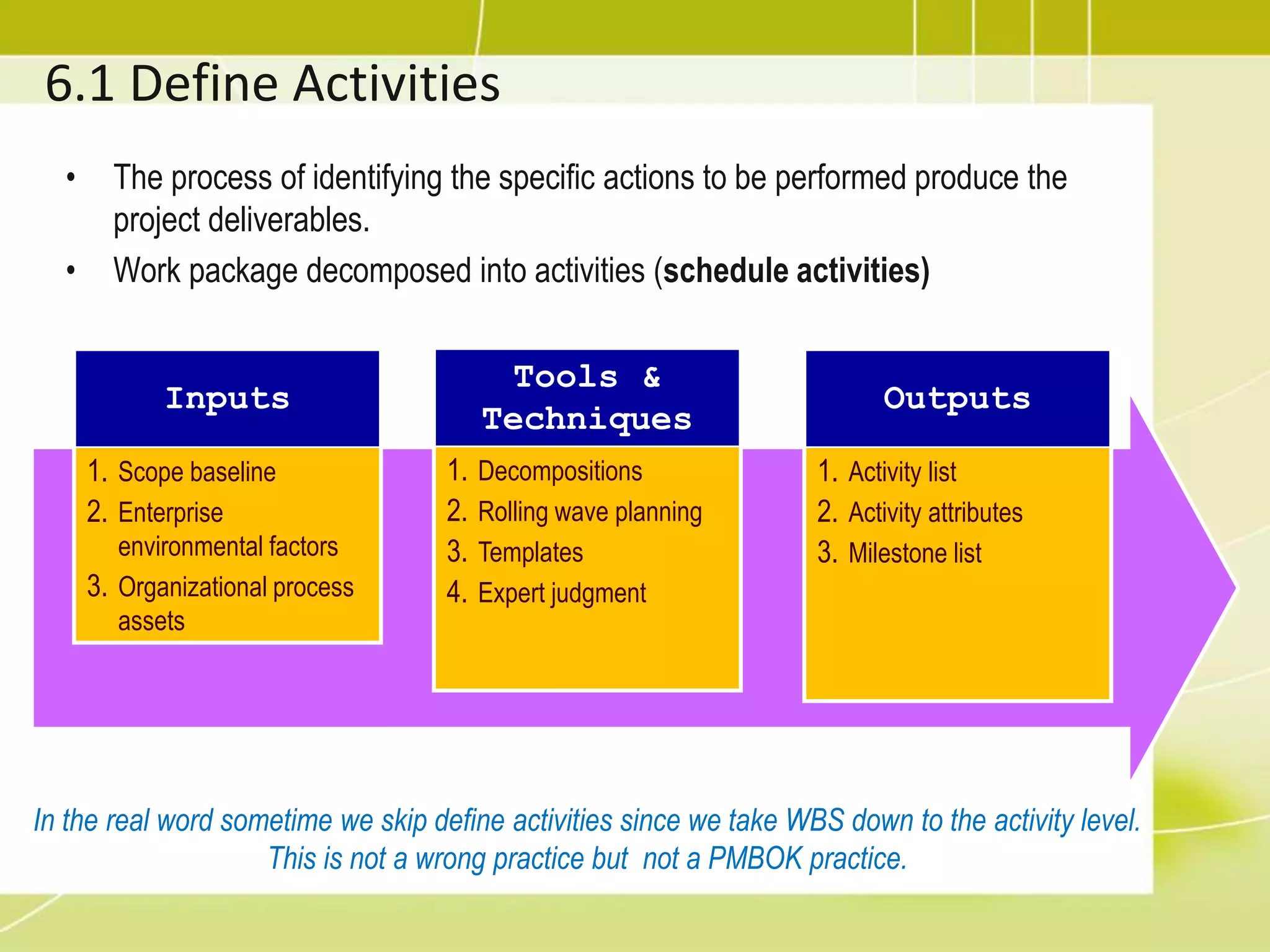 6.1 Define Activities
• The process of identifying the specific actions to be performed produce the
project deliverables.
• Work package decomposed into activities (schedule activities)
Inputs
1. Scope baseline
2. Enterprise
environmental factors
3. Organizational process
assets
Tools &
Techniques
1. Decompositions
2. Rolling wave planning
3. Templates
4. Expert judgment
Outputs
1. Activity list
2. Activity attributes
3. Milestone list
In the real word sometime we skip define activities since we take WBS down to the activity level.
This is not a wrong practice but not a PMBOK practice.
 