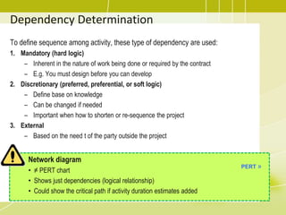 Dependency Determination
To define sequence among activity, these type of dependency are used:
1. Mandatory (hard logic)
– Inherent in the nature of work being done or required by the contract
– E.g. You must design before you can develop
2. Discretionary (preferred, preferential, or soft logic)
– Define base on knowledge
– Can be changed if needed
– Important when how to shorten or re-sequence the project
3. External
– Based on the need t of the party outside the project
Network diagram
• ≠ PERT chart
• Shows just dependencies (logical relationship)
• Could show the critical path if activity duration estimates added
PERT »
 