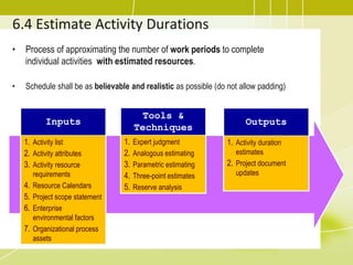 6.4 Estimate Activity Durations
• Process of approximating the number of work periods to complete
individual activities with estimated resources.
• Schedule shall be as believable and realistic as possible (do not allow padding)
Inputs
1. Activity list
2. Activity attributes
3. Activity resource
requirements
4. Resource Calendars
5. Project scope statement
6. Enterprise
environmental factors
7. Organizational process
assets
Tools &
Techniques
1. Expert judgment
2. Analogous estimating
3. Parametric estimating
4. Three-point estimates
5. Reserve analysis
Outputs
1. Activity duration
estimates
2. Project document
updates
 