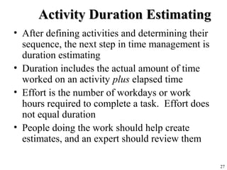 27
Activity Duration EstimatingActivity Duration Estimating
• After defining activities and determining their
sequence, the next step in time management is
duration estimating
• Duration includes the actual amount of time
worked on an activity plus elapsed time
• Effort is the number of workdays or work
hours required to complete a task. Effort does
not equal duration
• People doing the work should help create
estimates, and an expert should review them
 