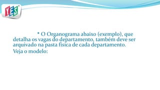 * O Organograma abaixo (exemplo), que
detalha os vagas do departamento, também deve ser
arquivado na pasta física de cada departamento.
Veja o modelo:
 
