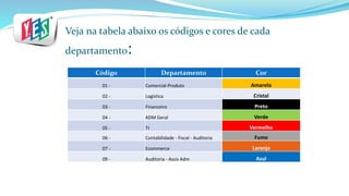 Veja na tabela abaixo os códigos e cores de cada
departamento:
Código Departamento Cor
01 - Comercial-Produto Amarelo
02 - Logística Cristal
03 - Financeiro Preto
04 - ADM Geral Verde
05 - TI Vermelho
06 - Contabilidade - Fiscal - Auditoria Fume
07 - Ecommerce Laranja
09 - Auditoria - Assis Adm Azul
 