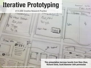 Iterative Prototyping
                     2114.409: Creative Research Practice




                                                          This presentation borrows heavily from Shen Zhao,
                                                            Richard Davis, Scott Klemmer with permission
HTTP://WWW.FLICKR.COM/PHOTOS/ROSENFELDMEDIA/3978305312/
 