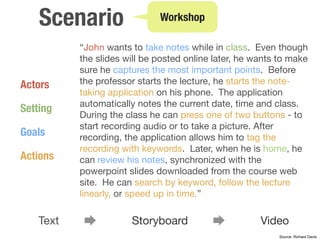 Scenario                  Workshop

           “John wants to take notes while in class. Even though
           the slides will be posted online later, he wants to make
           sure he captures the most important points. Before
Actors     the professor starts the lecture, he starts the note-
           taking application on his phone. The application
           automatically notes the current date, time and class.
Setting
           During the class he can press one of two buttons - to
           start recording audio or to take a picture. After
Goals      recording, the application allows him to tag the
           recording with keywords. Later, when he is home, he
Actions    can review his notes, synchronized with the
           powerpoint slides downloaded from the course web
           site. He can search by keyword, follow the lecture
           linearly, or speed up in time.”

    Text               Storyboard                      Video
                                                            Source: Richard Davis
 