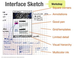 Interface Sketch                                Workshop
                                                         Square corners

                                                        Annotations

                                                        Good pen

                                                        Grid/templates

                                                        Limited detail

                                                        Visual hierarchy

                                                        Multicolor ink
HTTP://WWW.FLICKR.COM/PHOTOS/JOLLY_SONALI/5790735754/
 