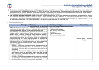 Institución Educativa Guadalupano La Salle
Unidos lograremos la Meta Propuesta
6
j) Permanencia educativa para las personas con discapacidad: comprende las diferentes estrategias y acciones que el servicio educativo debe realizar para
fortalecer los factores asociados a la permanencia y el egreso de los niños, niñas, adolescentes, jóvenes y adultos con discapacidad en el sistema educativo,
relacionadas con las acciones afirmativas, los ajustes razonables que garanticen una educación inclusiva en términos de pertinencia, calidad, eficacia y
eficiencia y la eliminación de las barreras que les limitan su participación en el ámbito educativo.
k) Plan Individual de Ajustes Razonables (PIAR): herramienta utilizada para garantizar los procesos de enseñanza y aprendizaje de los estudiantes, basados
en la valoración pedagógica y social, que incluye los apoyos y ajustes razonables requeridos, entre ellos los curriculares, de infraestructura y todos los demás
necesarios para garantizar el aprendizaje, la participación, permanencia y promoción. Son insumo para la planeación de aula del respectivo docente y el Plan
de Mejoramiento Institucional (PMI), como complemento a las transformaciones realizadas con base en el DUA.
7. Estrategias y aplicaciones
Estrategias y Definiciones Actividades y estrategias Responsables
El Diseño Universal del aprendizaje (DUA), como modelo de educación inclusiva
Definición: Conjunto de principios y estrategias que incrementan las
posibilidades de aprendizaje y orientan al maestro en la formulación de
metodologías flexibles teniendo en cuenta la diversidad del aula.
El DUA, Diseño universal o diseño para todas las personas: es un
enfoque didáctico, una actividad por la que se conciben o proyectan
desde el origen, y siempre que ello sea posible, entornos, procesos,
bienes, productos, servicios, objetos, instrumentos, programas,
dispositivos o herramientas, de tal forma que puedan ser utilizados por
todas las personas, en la mayor extensión posible, sin necesidad de
adaptación ni diseño especializado. El «diseño universal o diseño para
todas las personas» no excluirá los productos de apoyo para grupos
particulares de personas con discapacidad, cuando lo necesiten.
Principios del DUA:
 Principio I. Proporcionar múltiples formas de representación de la
información y los contenidos (el qué del aprendizaje), ya que los
alumnos son distintos en la forma en que perciben y comprenden la
información.
 Principio II. Proporcionar múltiples formas de expresión del
aprendizaje (el cómo del aprendizaje), puesto que cada persona
tiene sus propias habilidades estratégicas y organizativas para
expresar lo que sabe.
 Principio III. Proporcionar múltiples formas de implicación (el porqué
del aprendizaje), de forma que todos los alumnos puedan sentirse
comprometidos y motivados en el proceso de aprendizaje.
 Clases semanales.
 Evaluaciones bimestrales.
 Plan de apoyo integral (PAI)
 Semilleros.
 Talleres del buen vivir.
 Convivencias Institucionales.
Comité de gestión y Docentes
de aula
 