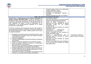 Institución Educativa Guadalupano La Salle
Unidos lograremos la Meta Propuesta
8
 Vínculos de apego: entorno rico en afectividad,
cuidados, protección y apoyo.
 Estrategias de crianza positivas.
 Estrategias de Estimulación, detección y
motivación.
 Prácticas inclusivas en el aula y en la familia.
PIAR – Plan Institucional de ajustes razonables
Construcción e implementación de los Planes Individuales de
apoyos y ajustes razonables (PIAR). El PIAR se constituye en la
herramienta idónea para garantizar la pertinencia del proceso de
enseñanza y aprendizaje del estudiante con discapacidad dentro del
aula, respetando sus estilos y ritmos de aprendizaje. Es un
complemento a las transformaciones realizadas con el Diseño
Universal de los Aprendizajes.
El PIAR es el proyecto para el estudiante durante el año académico,
que se debe llevar a cabo en la Institución y en el aula en conjunto con
los demás estudiantes de su clase, y deberá contener como mínimo
los siguientes aspectos:
a. Descripción del contexto general del estudiante dentro y fuera
del establecimiento educativo (hogar, aula, espacios escolares
y otros entornos sociales)
b. Valoración pedagógica.
c. Informes de profesionales de la salud que aportan a la definición
de los ajustes.
d. Objetivos y metas de aprendizaje que se pretenden reforzar.
e. Ajustes curriculares, didácticos, evaluativos y metodológicos
para el año electivo, si se requieren.
f. Recursos físicos, tecnológicos y didácticos, necesarios para el
proceso de aprendizaje y la participación del estudiante.
g. Proyectos específicos que se requieran realizar en la Institución
educativa, diferentes a los que ya están programados en el aula,
y que incluyan a todos los estudiantes.
h. Información sobre alguna otra situación del estudiante que sea
relevante en su proceso de aprendizaje y participación.
 Plan ángeles custodios.
 Diseño por estudiante que lo requiera del Plan
Individual de Ajustes Razonables (PIAR)
 Padres de familia: Participación en la
elaboración del Plan Individual de Ajustes
Razonables (PIAR) En los anexos
correspondientes.
 Socialización del Plan Individual de Ajustes
Razonables (PIAR)
 Capacitaciones: Sensibilización y
acercamiento a instrumento PIAR.
 Diseño y aplicación del Plan Individual de
Ajustes Razonables (PIAR)
 Asesoría y acompañamiento para la
elaboración del Plan Individual de Ajustes
Razonables (PIAR)
 Elaboración del Plan Individual de Ajustes
Razonables (PIAR)
 Asesoría y acompañamiento para la aplicación
en el aula del Plan Individual de Ajustes
Razonables (PIAR)
Coordinación académica,
equipo de apoyo y Docentes
 