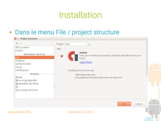 session sept 2016 Yann Caron (c) 2014 37
Installation
 Dans le menu File / project structure
 