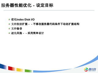 服务器性能优化－设定目标


  优化Index Disk I/O
  支持数据扩展－－不修改服务器代码条件下动态扩展结构
  支持备份
  避免风险－－采用简单设计
 