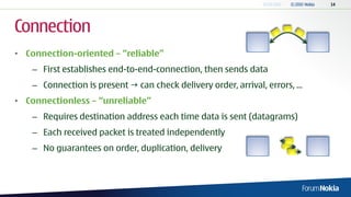 Connection
• Connection-oriented – “reliable”
   – First establishes end-to-end-connection, then sends data
   – Connection is present  can check delivery order, arrival, errors, ...
• Connectionless – “unreliable”
   – Requires destination address each time data is sent (datagrams)
   – Each received packet is treated independently
   – No guarantees on order, duplication, delivery
 