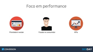 Foco em performance
Prioridade é vender Focado no consumidor KPIs
 