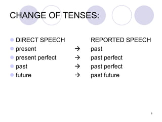 6
CHANGE OF TENSES:
 DIRECT SPEECH REPORTED SPEECH
 present  past
 present perfect  past perfect
 past  past perfect
 future  past future
 