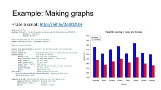 Details to record for processing/analysis
• What software was used? (R Studio, script)
• Does it support log files/scripts? (yes!)
• What version # and settings were used? (R version 3.3.2)
• What else does the software need to run?
• Computer architecture
• OS/Software/tool/add ons (libraries/packages)
• External databases
 