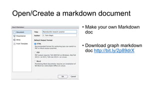 Write: useful syntax
• Plain text
• *italics* -> italics
• **bold** -> bold
• #Header -> Header (more # decreases size)
• Can also draw:
• Insert pictures
• Ordered and unordered list
• Tables
 