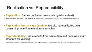 Replication vs. Reproducibility
• Replication: Same conclusion new study (gold standard)
• “Again, and Again, and Again …” BR Jasny et. al. Science, 2011. 334(6060) pp. 1225 DOI: 10.1126/science.334.6060.1225
• Replication isn’t always feasible: too big, too costly, too time
consuming, one time event, rare samples
• Reproducibility: Same results from same data and code (minimum
standard for validity)
• “Reproducible Research in Computational Science”. RD Peng Science, 2011. 334 (6060) pp. 1226-1227 DOI: 10.1126/science.1213847
 