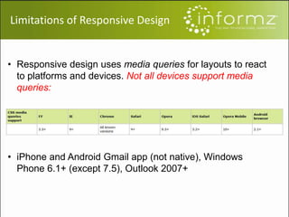 Limitations of Responsive Design
• Responsive design uses media queries for layouts to react
to platforms and devices. Not all devices support media
queries:
• iPhone and Android Gmail app (not native), Windows
Phone 6.1+ (except 7.5), Outlook 2007+
 