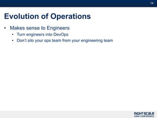 14



Evolution of Operations
• Makes sense to Engineers
   • Turn engineers into DevOps
   • Don’t silo your ops team from your engineering team
 