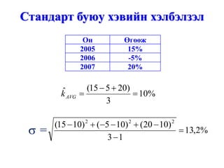 Стандарт буюу хэвийн хэлбэлзэл
              Он           Өгөөж
             2005           15%
             2006           -5%
             2007           20%


       ˆ       (15 − 5 + 20)
       k AVG =               = 10%
                     3

      (15 − 10) 2 + (−5 − 10) 2 + (20 − 10) 2
 σ=                    3 −1
                                              = 13,2%
 