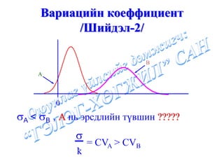 Вариацийн коеффициент
           /Шийдэл-2/

                               B

    A




        0
σA < σB , А нь эрсдлийн түвшин ?????
             σ
                 = CVA > CVB
             k
             ^
 