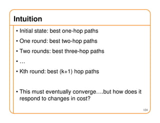 Intuition
• Initial state: best one-hop paths
• One round: best two-hop paths
• Two rounds: best three-hop paths
• …
• Kth round: best (k+1) hop paths
• This must eventually converge….but how does it
respond to changes in cost?
124
 