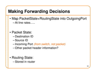 Making Forwarding Decisions
• Map PacketState+RoutingState into OutgoingPort
– At line rates…..
• Packet State:
– Destination ID
– Source ID
– Incoming Port (from switch, not packet)
– Other packet header information?
• Routing State:
– Stored in router
30
 