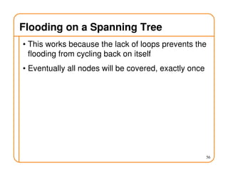 Flooding on a Spanning Tree
• This works because the lack of loops prevents the
flooding from cycling back on itself
• Eventually all nodes will be covered, exactly once
56
 