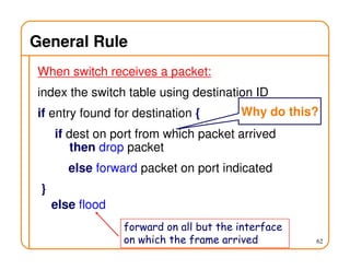 62
General Rule
When switch receives a packet:
index the switch table using destination ID
if entry found for destination {
if dest on port from which packet arrived
then drop packet
else forward packet on port indicated
}
else flood
forward on all but the interface
on which the frame arrived
Why do this?
 