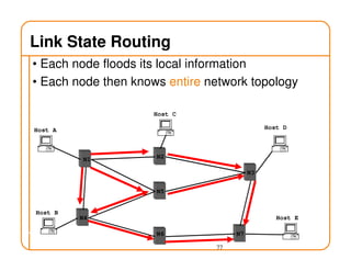 77
Link State Routing
• Each node floods its local information
• Each node then knows entire network topology
Host A
Host B
Host E
Host D
Host C
N1 N2
N3
N4
N5
N7N6
 