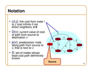 83
Notation
• c(i,j): link cost from node i
to j; cost infinite if not
direct neighbors; ≥ 0
• D(v): current value of cost
of path from source to
destination v
• p(v): predecessor node
along path from source to
v, that is next to v
• S: set of nodes whose
least cost path definitively
known
A
ED
CB
F
2
2
1
3
1
1
2
5
3
5
Source
 