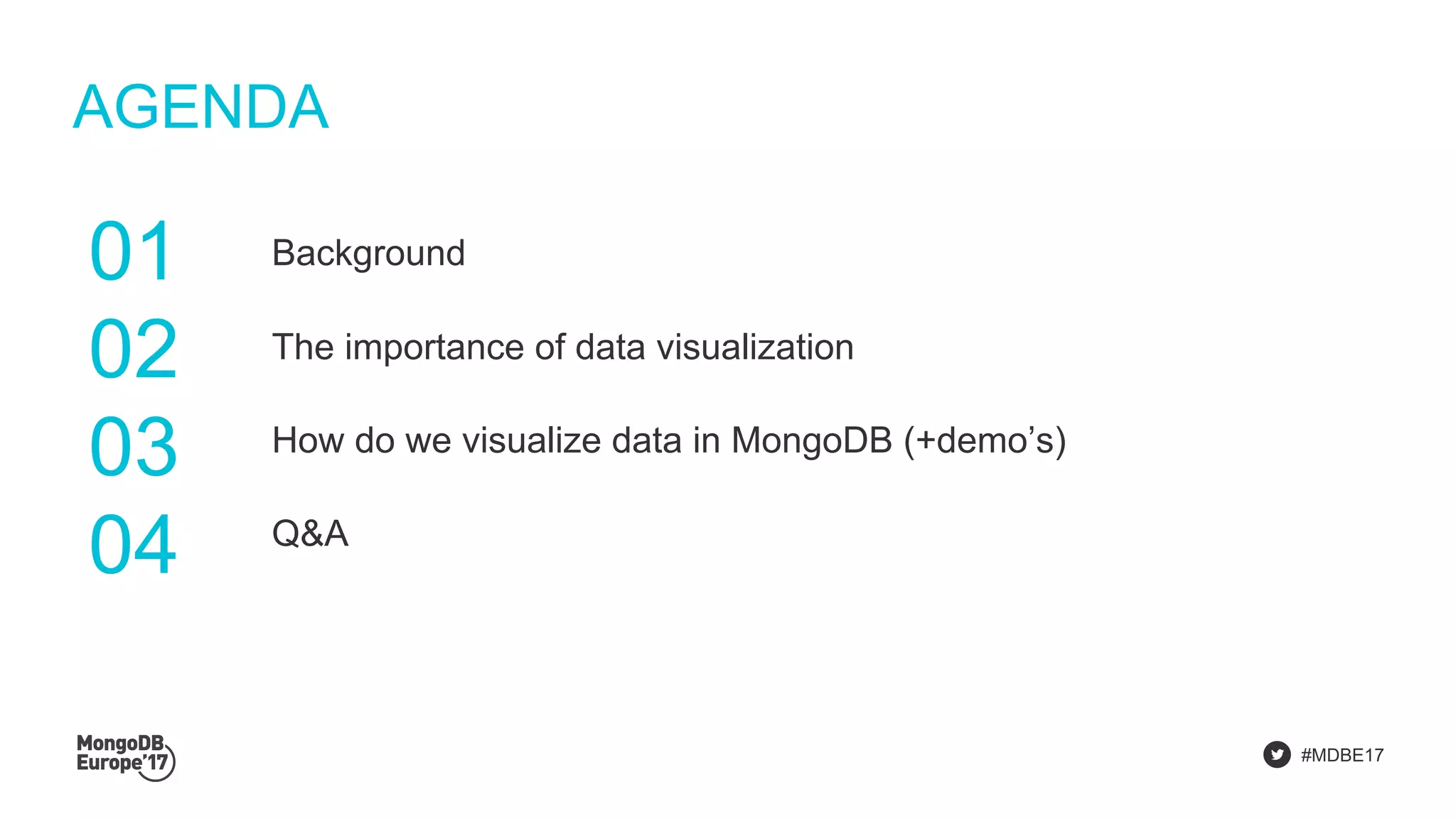 #MDBE17
AGENDA
Background
The importance of data visualization
How do we visualize data in MongoDB (+demo’s)
Q&A
01
02
03
04
 