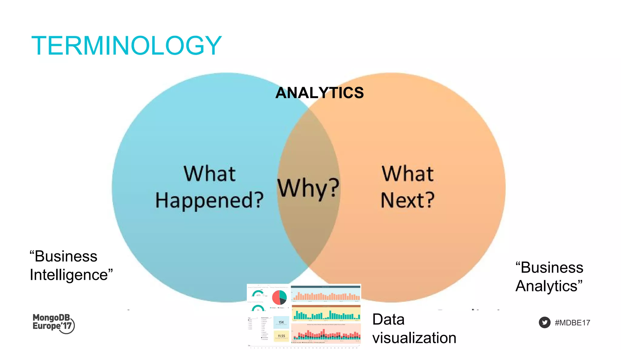 #MDBE17
TERMINOLOGY
“Business
Intelligence” “Business
Analytics”
Data
visualization
ANALYTICS
 