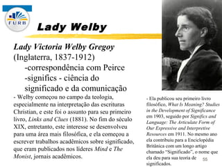 Lady Welby
Lady Victoria Welby Gregoy
(Inglaterra, 1837-1912)
   -correspondência com Peirce
   -significs - ciência do
  ...