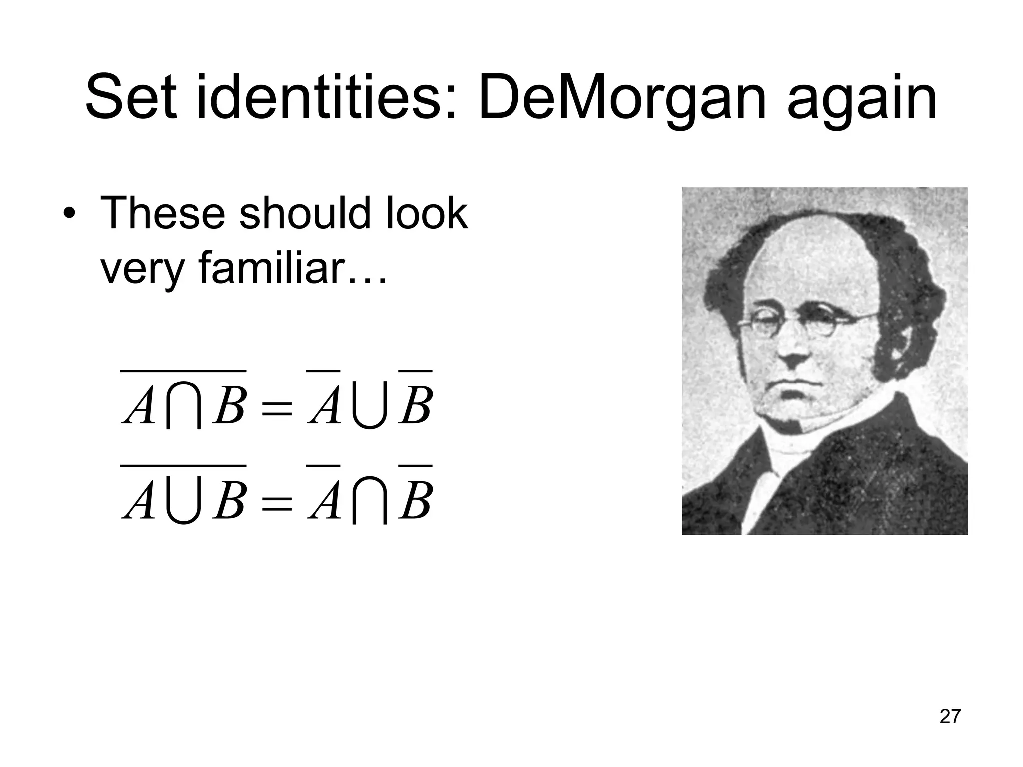 27
Set identities: DeMorgan again
B
A
B
A
B
A
B
A






• These should look
very familiar…
 
