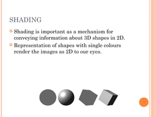 SHADING
 Shading is important as a mechanism for
conveying information about 3D shapes in 2D.
 Representation of shapes with single colours
render the images as 2D to our eyes.
 