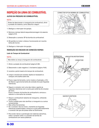 SISTEMA DE ALIMENTAÇÃO (PGM-FI)                                                               CB300R


INSPEÇÃO DA LINHA DE COMBUSTÍVEL                                   CONECTOR 3P DA BOMBA DE COMBUSTÍVEL

ALÍVIO DA PRESSÃO DE COMBUSTÍVEL

NOTA
 Antes de desconectar a mangueira de combustível, alivie
 a pressão do sistema, como descrito a seguir.

1. Desligue o interruptor de ignição.

2. Remova a tampa lateral esquerda/carenagem do assento
   (página 3-3).

3. Desacople o conector 3P da bomba de combustível.

4. Dê partida no motor e deixe-o funcionando em marcha
   lenta até morrer.

5. Desligue o interruptor de ignição.

REMOÇÃO DO ENCAIXE DE CONEXÃO RÁPIDA

Lado do Tanque de Combustível

NOTA                                                            BORRACHA     LINGUETAS RETENTORAS
                                                                DA CONEXÃO
 Não dobre ou torça a mangueira de combustível.                                        CONECTOR

1. Alivie a pressão de combustível (página 6-30).

2. Desconecte o cabo negativo (-) da bateria (página 16-6).
                                                                                             LINGUETAS
                                                                                             DE TRAVA
3. Levante a parte traseira do tanque de combustível.

4. Limpe o encaixe de conexão rápida se necessário e
   coloque uma toalha sobre ele.

5. Puxe a capa de borracha, como mostra a ilustração, a fim
   de liberar a guia da borracha da conexão de suas linguetas
   retentoras.

6. Segure o conector com uma das mãos e aperte as
   linguetas retentoras com a outra para soltá-las do encaixe
   de trava.
   Puxe o conector da bomba de combustível e remova o
   retentor e a borracha da conexão.
                                                                         SACOS PLÁSTICOS
• Seque o combustível restante da mangueira, utilizando
  uma toalha.
• Tenha cuidado para não danificar a mangueira ou outros
  componentes.
• Não utilize ferramentas.
• Se o conector não se mover, mantenha as linguetas
  retentoras pressionadas e empurre e puxe alternadamente
  o conector até que ele possa soltar-se facilmente.

7. Para evitar danos e penetração de materiais estranhos,
   vede o conector solto e a conexão da bomba de
   combustível com sacos plásticos.



6-30
 