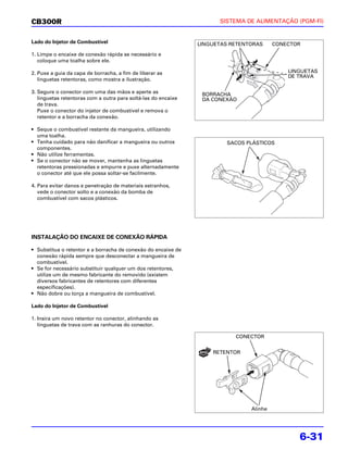 CB300R                                                                SISTEMA DE ALIMENTAÇÃO (PGM-FI)


Lado do Injetor de Combustível                                  LINGUETAS RETENTORAS     CONECTOR

1. Limpe o encaixe de conexão rápida se necessário e
   coloque uma toalha sobre ele.

2. Puxe a guia da capa de borracha, a fim de liberar as                                      LINGUETAS
                                                                                             DE TRAVA
   linguetas retentoras, como mostra a ilustração.

3. Segure o conector com uma das mãos e aperte as                BORRACHA
   linguetas retentoras com a outra para soltá-las do encaixe    DA CONEXÃO
   de trava.
   Puxe o conector do injetor de combustível e remova o
   retentor e a borracha da conexão.

• Seque o combustível restante da mangueira, utilizando
  uma toalha.
• Tenha cuidado para não danificar a mangueira ou outros                 SACOS PLÁSTICOS
  componentes.
• Não utilize ferramentas.
• Se o conector não se mover, mantenha as linguetas
  retentoras pressionadas e empurre e puxe alternadamente
  o conector até que ele possa soltar-se facilmente.

4. Para evitar danos e penetração de materiais estranhos,
   vede o conector solto e a conexão da bomba de
   combustível com sacos plásticos.




INSTALAÇÃO DO ENCAIXE DE CONEXÃO RÁPIDA

• Substitua o retentor e a borracha de conexão do encaixe de
  conexão rápida sempre que desconectar a mangueira de
  combustível.
• Se for necessário substituir qualquer um dos retentores,
  utilize um de mesmo fabricante do removido (existem
  diversos fabricantes de retentores com diferentes
  especificações).
• Não dobre ou torça a mangueira de combustível.

Lado do Injetor de Combustível

1. Insira um novo retentor no conector, alinhando as
   linguetas de trava com as ranhuras do conector.

                                                                           CONECTOR


                                                                    RETENTOR




                                                                                Alinhe




                                                                                                6-31
 