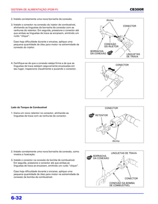 SISTEMA DE ALIMENTAÇÃO (PGM-FI)                                                                   CB300R

2. Instale corretamente uma nova borracha da conexão.
                                                                              Alinhe
3. Instale o conector na conexão do injetor de combustível,
                                                                                            CONECTOR
   alinhando as linguetas da borracha da conexão com as
   ranhuras do retentor. Em seguida, pressione o conector até
   que ambas as linguetas de trava se encaixem, emitindo um
   ruído “clique”.

  Caso haja dificuldade durante o encaixe, aplique uma
  pequena quantidade de óleo para motor na extremidade da                CONEXÃO
  conexão do injetor.                                                    DO INJETOR

                                                                 BORRACHA
                                                                 DA CONEXÃO                   LINGUETAS
                                                                                              DE TRAVA

4. Certifique-se de que a conexão esteja firme e de que as
   linguetas de trava estejam seguramente encaixadas em                                CONECTOR
   seu lugar; inspecione visualmente e puxando o conector.




Lado do Tanque de Combustível                                             CONECTOR

1. Insira um novo retentor no conector, alinhando as
   linguetas de trava com as ranhuras do conector.                  RETENTOR




                                                                                   Alinhe



2. Instale corretamente uma nova borracha da conexão, como
                                                                                 LINGUETAS DE TRAVA
   mostra a ilustração.
                                                                  BORRACHA
                                                                  DA CONEXÃO
3. Instale o conector na conexão da bomba de combustível.
   Em seguida, pressione o conector até que ambas as
   linguetas de trava se encaixem, emitindo um ruído “clique”.

  Caso haja dificuldade durante o encaixe, aplique uma
  pequena quantidade de óleo para motor na extremidade da
  conexão da bomba de combustível.
                                                                                             CONECTOR
                                                                                CONEXÃO DA BOMBA
                                                                                DE COMBUSTÍVEL




6-32
 
