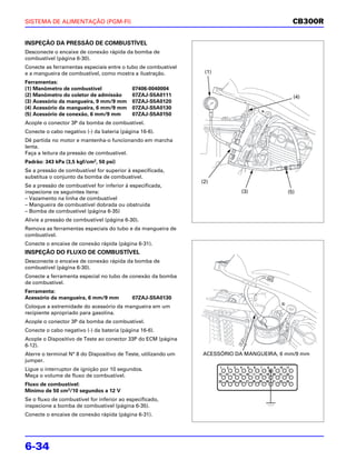 SISTEMA DE ALIMENTAÇÃO (PGM-FI)                                                             CB300R


INSPEÇÃO DA PRESSÃO DE COMBUSTÍVEL
Desconecte o encaixe de conexão rápida da bomba de
combustível (página 6-30).
Conecte as ferramentas especiais entre o tubo de combustível
e a mangueira de combustível, como mostra a ilustração.          (1)
Ferramentas:
(1) Manômetro de combustível                07406-0040004
(2) Manômetro do coletor de admissão        07ZAJ-S5A0111                                   (4)
(3) Acessório da mangueira, 9 mm/9 mm       07ZAJ-S5A0120
(4) Acessório da mangueira, 6 mm/9 mm       07ZAJ-S5A0130
(5) Acessório de conexão, 6 mm/9 mm         07ZAJ-S5A0150
Acople o conector 3P da bomba de combustível.
Conecte o cabo negativo (-) da bateria (página 16-6).
Dê partida no motor e mantenha-o funcionando em marcha
lenta.
Faça a leitura da pressão de combustível.
Padrão: 343 kPa (3,5 kgf/cm2, 50 psi)
Se a pressão de combustível for superior à especificada,
substitua o conjunto da bomba de combustível.
                                                                (2)
Se a pressão de combustível for inferior à especificada,
inspecione os seguintes itens:                                             (3)            (5)
– Vazamento na linha de combustível
– Mangueira de combustível dobrada ou obstruída
– Bomba de combustível (página 6-35)
Alivie a pressão de combustível (página 6-30).
Remova as ferramentas especiais do tubo e da mangueira de
combustível.
Conecte o encaixe de conexão rápida (página 6-31).
INSPEÇÃO DO FLUXO DE COMBUSTÍVEL
Desconecte o encaixe de conexão rápida da bomba de
combustível (página 6-30).
Conecte a ferramenta especial no tubo de conexão da bomba
de combustível.
Ferramenta:
Acessório da mangueira, 6 mm/9 mm           07ZAJ-S5A0130
Coloque a extremidade do acessório da mangueira em um
recipiente apropriado para gasolina.
Acople o conector 3P da bomba de combustível.
Conecte o cabo negativo (-) da bateria (página 16-6).
Acople o Dispositivo de Teste ao conector 33P do ECM (página
6-12).
Aterre o terminal N° 8 do Dispositivo de Teste, utilizando um   ACESSÓRIO DA MANGUEIRA, 6 mm/9 mm
jumper.
Ligue o interruptor de ignição por 10 segundos.
Meça o volume de fluxo de combustível.
Fluxo de combustível:
Mínimo de 50 cm3/10 segundos a 12 V
Se o fluxo de combustível for inferior ao especificado,
inspecione a bomba de combustível (página 6-35).
Conecte o encaixe de conexão rápida (página 6-31).




6-34
 