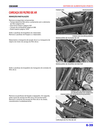 CB300R                                                               SISTEMA DE ALIMENTAÇÃO (PGM-FI)

                                                             PARAFUSO                    RESSONADOR

CARCAÇA DO FILTRO DE AR
REMOÇÃO/INSTALAÇÃO

Remova os seguintes componentes:
– Tampa lateral do filtro de ar, juntamente com o elemento
  do filtro (página 4-5)
– Para-lama traseiro (página 3-8)
– Tanque de combustível (página 6-38)
– Roda traseira (página 14-6)

Solte o parafuso da braçadeira do ressonador.
Remova o parafuso de fixação e o ressonador.
                                                                              PARAFUSO DA BRAÇADEIRA
                                                             MANGUEIRA DE SUCÇÃO DE AR
Desconecte a mangueira de sucção de ar e a mangueira de
respiro do motor da carcaça do filtro de ar.




                                                             MANGUEIRA DE RESPIRO DO MOTOR

Solte o parafuso da braçadeira da mangueira de conexão do
filtro de ar.




                                                                             PARAFUSO DA BRAÇADEIRA
                                                                             DA MANGUEIRA DE CONEXÃO
                                                                  PARAFUSOS DE FIXAÇÃO/ESPAÇADORES
Remova os parafusos de fixação e espaçador. Em seguida,
solte a guia da carcaça do filtro de ar de sua borracha.
Remova o conjunto da carcaça do filtro de ar do chassi,
manobrando-o cuidadosamente.




                                                             CARCAÇA DO FILTRO DE AR


                                                                                             6-39
 