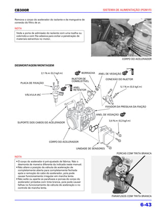 CB300R                                                                  SISTEMA DE ALIMENTAÇÃO (PGM-FI)


Remova o corpo do acelerador do isolante e da mangueira de
conexão do filtro de ar.

NOTA
 Vede a porta de admissão do isolante com uma toalha ou
 cobrindo-a com fita adesiva para evitar a penetração de
 materiais estranhos no motor.




                                                                                        CORPO DO ACELERADOR

DESMONTAGEM/MONTAGEM

                      2,1 N.m (0,2 kgf.m)                BORRACHA    ANEL DE VEDAÇÃO

                                                 INJETOR DE                CONEXÃO DO INJETOR
                                                 COMBUSTÍVEL
    PLACA DE FIXAÇÃO
                                                  ANEL                                 5,1 N.m (0,5 kgf.m)
                                                  RETENTOR

        VÁLVULA IAC



                                                                           FIXADOR DA PRESILHA DA FIAÇÃO


                                                                    ANEL DE VEDAÇÃO

                                                                             3,4 N.m (0,3 kgf.m)
  SUPORTE DOS CABOS DO ACELERADOR




                             CORPO DO ACELERADOR

                                                     UNIDADE DE SENSORES

                                                                                   PORCAS COM TINTA BRANCA
NOTA
 • O corpo do acelerador é pré-ajustado de fábrica. Não o
   desmonte de maneira diferente da indicada neste manual.
 • Não altere a posição da válvula de aceleração de
   completamente aberta para completamente fechada
   após a remoção do cabo do acelerador, pois pode
   causar funcionamento irregular em marcha lenta.
 • Não solte ou aperte os parafusos e porcas do corpo do
   acelerador pintados com tinta branca, pois pode causar
   falhas no funcionamento da válvula de aceleração e no
   controle de marcha lenta.


                                                                               PARAFUSOS COM TINTA BRANCA


                                                                                                        6-43
 