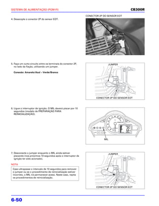 SISTEMA DE ALIMENTAÇÃO (PGM-FI)                                                               CB300R
                                                                CONECTOR 2P DO SENSOR EOT
4. Desacople o conector 2P do sensor EOT.




5. Faça um curto-circuito entre os terminais do conector 2P,                   JUMPER
   no lado da fiação, utilizando um jumper.

  Conexão: Amarelo/Azul – Verde/Branco




                                                                       CONECTOR 2P DO SENSOR EOT



6. Ligue o interruptor de ignição. O MIL deverá piscar por 10
   segundos (modelo de PREPARAÇÃO PARA
   REINICIALIZAÇÃO).




                                                                            MIL




7. Desconecte o jumper enquanto o MIL ainda estiver                            JUMPER
   piscando (nos próximos 10 segundos após o interruptor de
   ignição ter sido acionado).

NOTA
 Caso ultrapasse o intervalo de 10 segundos para remover
 o jumper ou se o procedimento de reinicialização estiver
 incorreto, o MIL irá permanecer aceso. Neste caso, repita
 os procedimentos de reinicialização.



                                                                       CONECTOR 2P DO SENSOR EOT




6-50
 