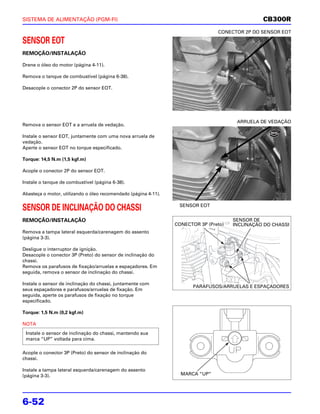 SISTEMA DE ALIMENTAÇÃO (PGM-FI)                                                                  CB300R
                                                                                 CONECTOR 2P DO SENSOR EOT

SENSOR EOT
REMOÇÃO/INSTALAÇÃO

Drene o óleo do motor (página 4-11).

Remova o tanque de combustível (página 6-38).

Desacople o conector 2P do sensor EOT.




                                                                                        ARRUELA DE VEDAÇÃO
Remova o sensor EOT e a arruela de vedação.

Instale o sensor EOT, juntamente com uma nova arruela de
vedação.
Aperte o sensor EOT no torque especificado.

Torque: 14,5 N.m (1,5 kgf.m)

Acople o conector 2P do sensor EOT.

Instale o tanque de combustível (página 6-38).

Abasteça o motor, utilizando o óleo recomendado (página 4-11).

                                                                  SENSOR EOT
SENSOR DE INCLINAÇÃO DO CHASSI
REMOÇÃO/INSTALAÇÃO                                                                     SENSOR DE
                                                                 CONECTOR 3P (Preto)   INCLINAÇÃO DO CHASSI
Remova a tampa lateral esquerda/carenagem do assento
(página 3-3).

Desligue o interruptor de ignição.
Desacople o conector 3P (Preto) do sensor de inclinação do
chassi.
Remova os parafusos de fixação/arruelas e espaçadores. Em
seguida, remova o sensor de inclinação do chassi.

Instale o sensor de inclinação do chassi, juntamente com
                                                                        PARAFUSOS/ARRUELAS E ESPAÇADORES
seus espaçadores e parafusos/arruelas de fixação. Em
seguida, aperte os parafusos de fixação no torque
especificado.

Torque: 1,5 N.m (0,2 kgf.m)

NOTA
 Instale o sensor de inclinação do chassi, mantendo sua
 marca “UP” voltada para cima.

Acople o conector 3P (Preto) do sensor de inclinação do
chassi.

Instale a tampa lateral esquerda/carenagem do assento
(página 3-3).                                                      MARCA “UP”




6-52
 