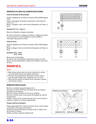 SISTEMA DE ALIMENTAÇÃO (PGM-FI)                                                                 CB300R


INSPEÇÃO DA LINHA DE ALIMENTAÇÃO/TERRA
Linha de Entrada de Alimentação

Acople o Dispositivo de Teste ao conector 33P do ECM (página
6-12).
Ligue o interruptor de ignição e posicione o interruptor do
motor em “ “.
Meça a voltagem entre o terminal do Dispositivo de Teste e o
terra.

Conexão: N° 1 (+) – Terra (-)

Deve ser indicada a voltagem da bateria.

Se não for indicada a voltagem da bateria, inspecione quanto
a circuito aberto no fio Preto/Marrom entre o ECM e o
interruptor de parada do motor.

Linha do Terra

Acople o Dispositivo de Teste ao conector 33P do ECM (página
6-12).
Meça a voltagem entre os terminais do Dispositivo de Teste e o
terra.

Conexões: N° 2 – Terra
          N° 9 – Terra

Deve haver continuidade.
Se não houver continuidade, inspecione quanto a circuito
aberto nos fios Verde/Preto e Verde entre o ECM e o terminal
do terra.

SENSOR DE O2
NOTA
 • Não aplique graxa, óleo ou outros materiais no orifício
   de ar do sensor de O2 pois poderá danificá-lo.
 • O sensor de O2 poderá ser danificado se sofrer algum
   tipo de queda. Neste caso, substitua-o por um novo.
 • Não execute reparos no sensor de O2 enquanto o sensor
   permanecer quente.

REMOÇÃO/INSTALAÇÃO
Remova o protetor esquerdo (página 3-4).
Remova o conector 4P (Preto) do sensor de O2 do chassi e
desacople-o em seguida.                                          PRESILHA DA FIAÇÃO     CONECTOR 4P
Remova a fiação do sensor de O2 de sua presilha.
Remova o sensor de O2 e sua arruela de vedação do tubo de
escapamento.
Instale o sensor de O2, juntamente com uma nova arruela de
vedação, e aperte-o no torque especificado.

Torque: 24,5 N.m (2,5 kgf.m)

Passe adequadamente a fiação do sensor de O2, como mostra
a ilustração, e fixe-a em sua presilha.
Acople o conector 4P (Preto) do sensor de O2 e instale-o em
seu suporte no chassi.
                                                                    SENSOR DE O2   ARRUELA DE VEDAÇÃO
Instale o protetor esquerdo (página 3-4).




6-54
 