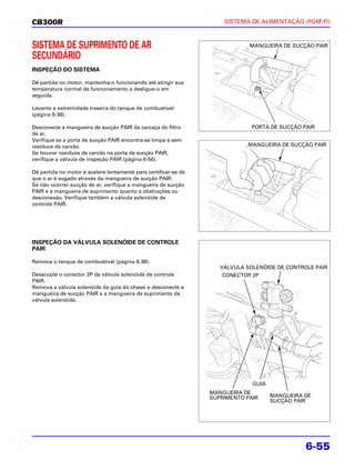 CB300R                                                               SISTEMA DE ALIMENTAÇÃO (PGM-FI)



SISTEMA DE SUPRIMENTO DE AR                                                  MANGUEIRA DE SUCÇÃO PAIR

SECUNDÁRIO
INSPEÇÃO DO SISTEMA

Dê partida no motor, mantenha-o funcionando até atingir sua
temperatura normal de funcionamento e desligue-o em
seguida.

Levante a extremidade traseira do tanque de combustível
(página 6-38).

Desconecte a mangueira de sucção PAIR da carcaça do filtro                    PORTA DE SUCÇÃO PAIR
de ar.
Verifique se a porta de sucção PAIR encontra-se limpa e sem
resíduos de carvão.                                                         MANGUEIRA DE SUCÇÃO PAIR
Se houver resíduos de carvão na porta de sucção PAIR,
verifique a válvula de inspeção PAIR (página 6-56).

Dê partida no motor e acelere lentamente para certificar-se de
que o ar é sugado através da mangueira de sucção PAIR.
Se não ocorrer sucção de ar, verifique a mangueira de sucção
PAIR e a mangueira de suprimento quanto a obstruções ou
desconexão. Verifique também a válvula solenóide de
controle PAIR.




INSPEÇÃO DA VÁLVULA SOLENÓIDE DE CONTROLE
PAIR

Remova o tanque de combustível (página 6-38).
                                                                    VÁLVULA SOLENÓIDE DE CONTROLE PAIR
Desacople o conector 2P da válvula solenóide de controle             CONECTOR 2P
PAIR.
Remova a válvula solenóide da guia do chassi e desconecte a
mangueira de sucção PAIR e a mangueira de suprimento da
válvula solenóide.




                                                                              GUIA
                                                                 MANGUEIRA DE
                                                                 SUPRIMENTO PAIR     MANGUEIRA DE
                                                                                     SUCÇÃO PAIR




                                                                                               6-55
 