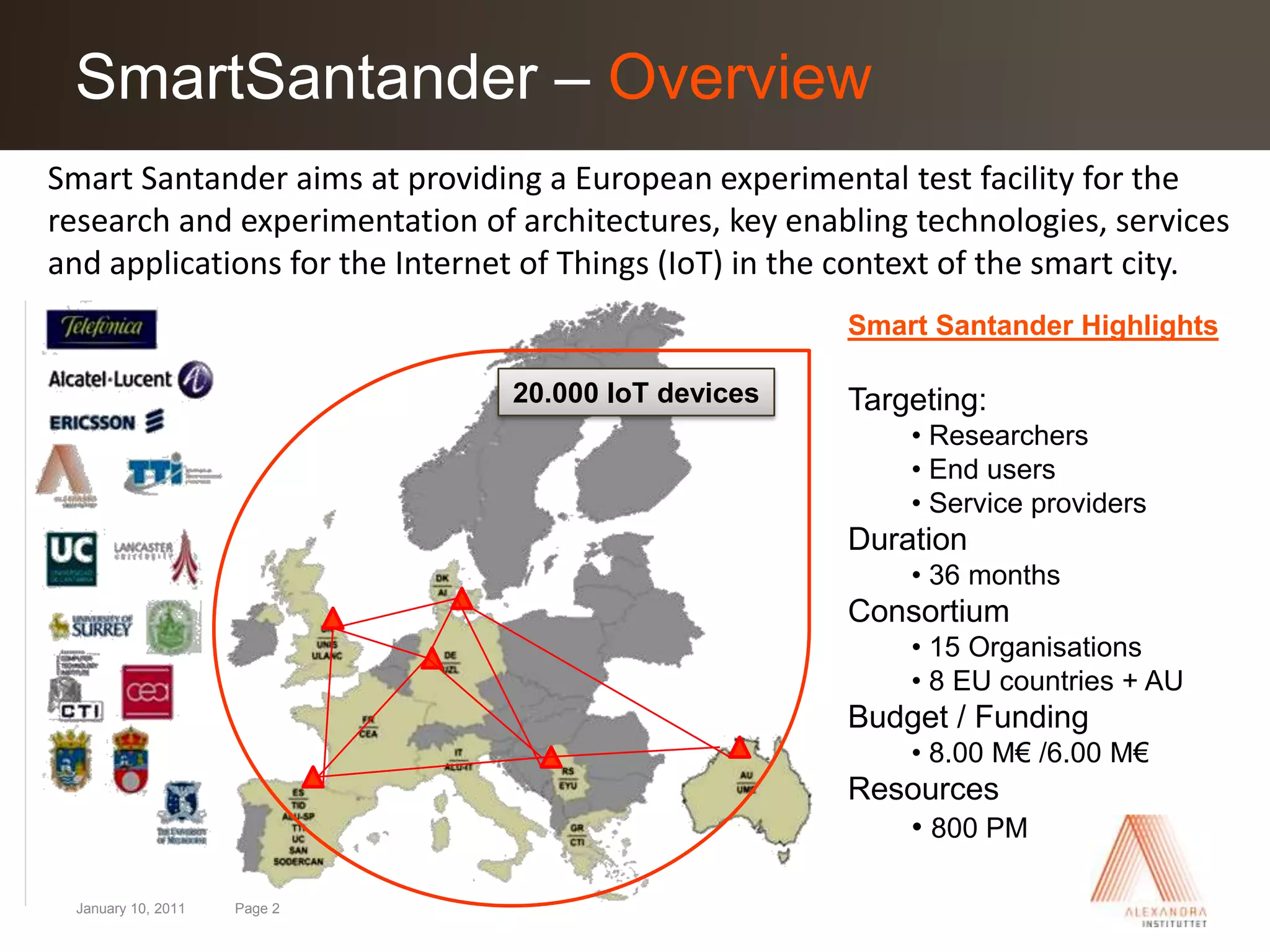 December 16, 2010Page 2SmartSantander – Overview	Smart Santander aims at providing a European experimental test facility for the research and experimentation of architectures, key enabling technologies, services and applications for the Internet of Things (IoT) in the context of the smart city.Smart Santander HighlightsTargeting: Researchers